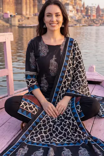 Black printed straight kurta trousers with dupatta set