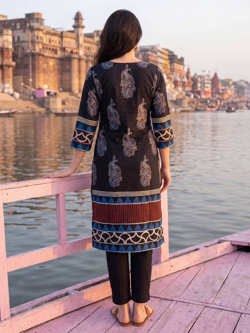 Black printed straight kurta trousers with dupatta set