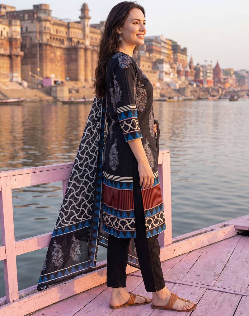 Black printed straight kurta trousers with dupatta set