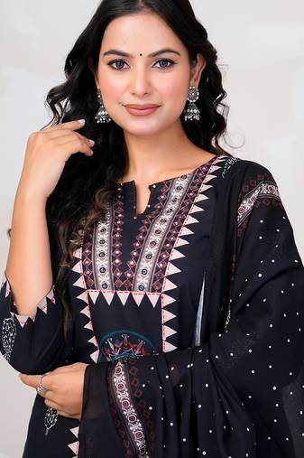 Black printed straight kurta trousers with dupatta set