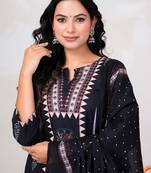 Black printed straight kurta trousers with dupatta set