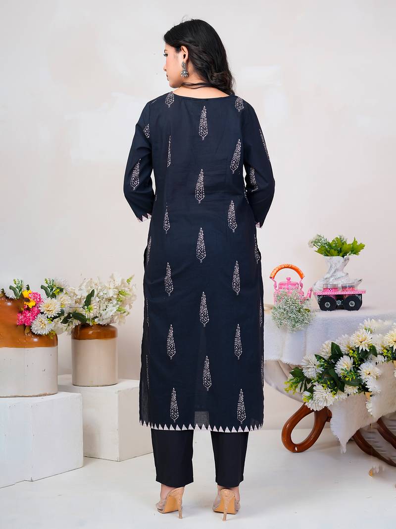Black printed straight kurta trousers with dupatta set