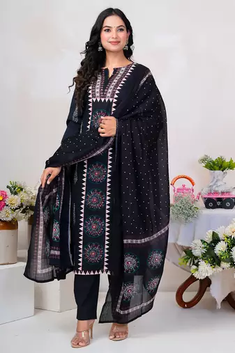 Black printed straight kurta trousers with dupatta set