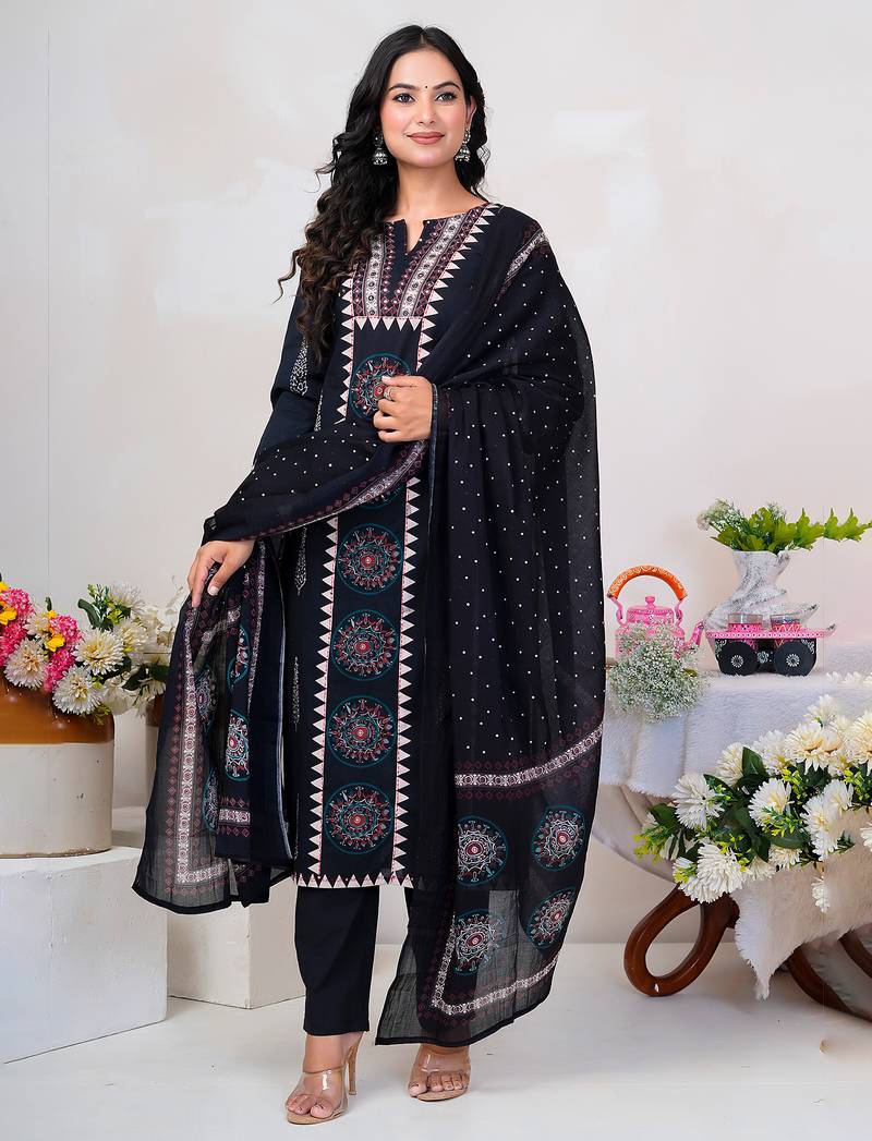 Black printed straight kurta trousers with dupatta set