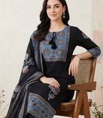 Black printed straight kurta trousers with dupatta set