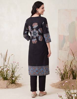 Black printed straight kurta trousers with dupatta set 2