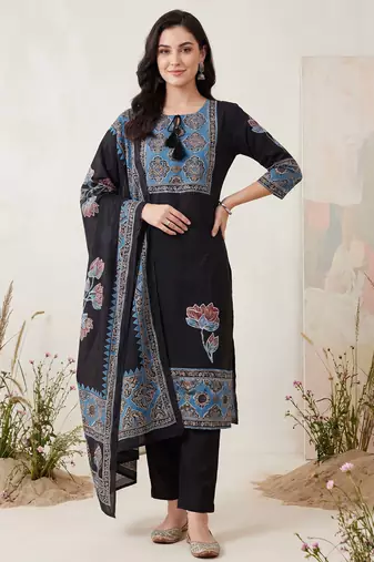 Black printed straight kurta trousers with dupatta set