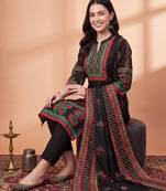 Black printed straight kurta trousers with dupatta set