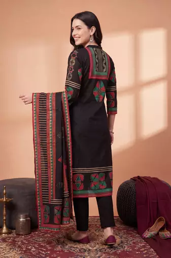 Black printed straight kurta trousers with dupatta set