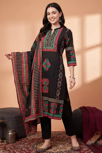 Black printed straight kurta trousers with dupatta set