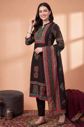 Black printed straight kurta trousers with dupatta set