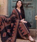 Black printed straight kurta trousers with dupatta set