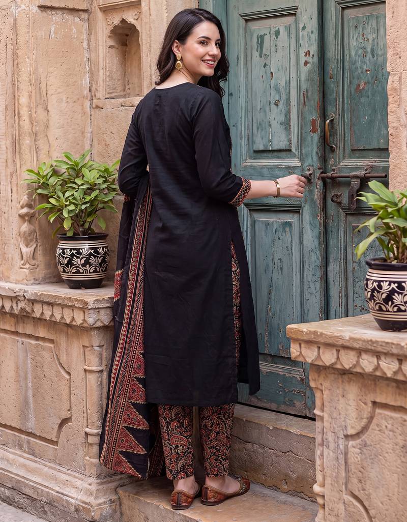 Black printed straight kurta trousers with dupatta set