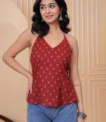 Maroon cotton printed top for women