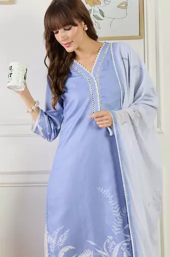 Printed straight kurta trousers with dupatta set