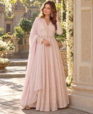 Pink georgette readymade anarkali suit with chikankari & embroidery work 1