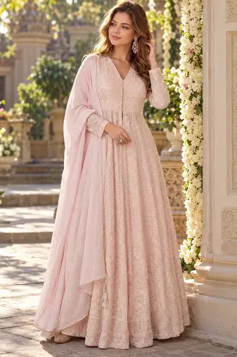 Pink georgette readymade anarkali suit with chikankari & embroidery work