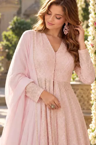 Pink georgette readymade anarkali suit with chikankari & embroidery work