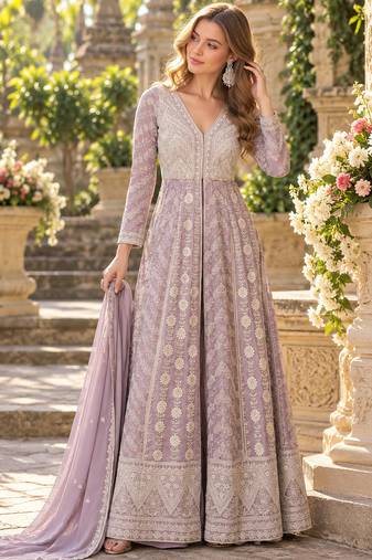 Lavender georgette readymade anarkali suit with chikankari & embroidery work