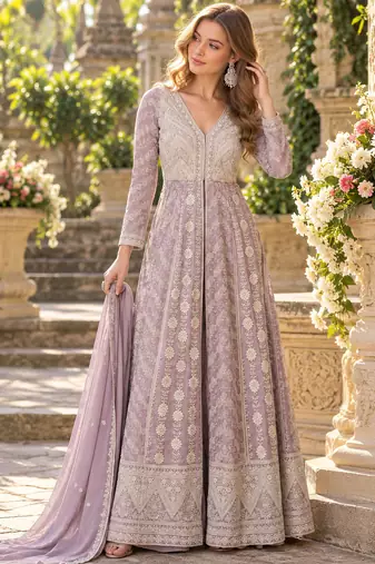 Lavender georgette readymade anarkali suit with chikankari & embroidery work
