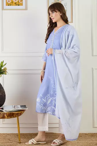 Printed straight kurta trousers with dupatta set