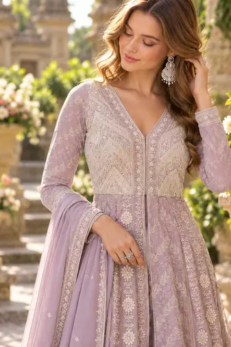Lavender georgette readymade anarkali suit with chikankari & embroidery work