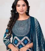 Blue printed straight kurta trousers with dupatta set
