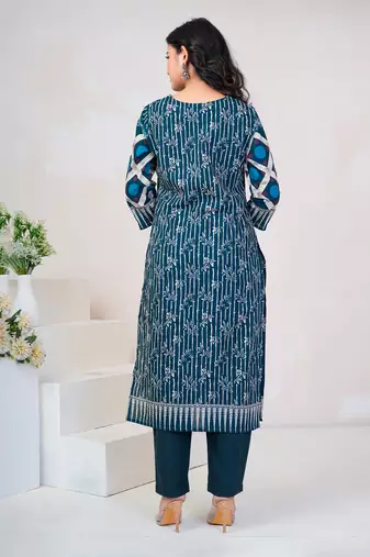 Blue printed straight kurta trousers with dupatta set