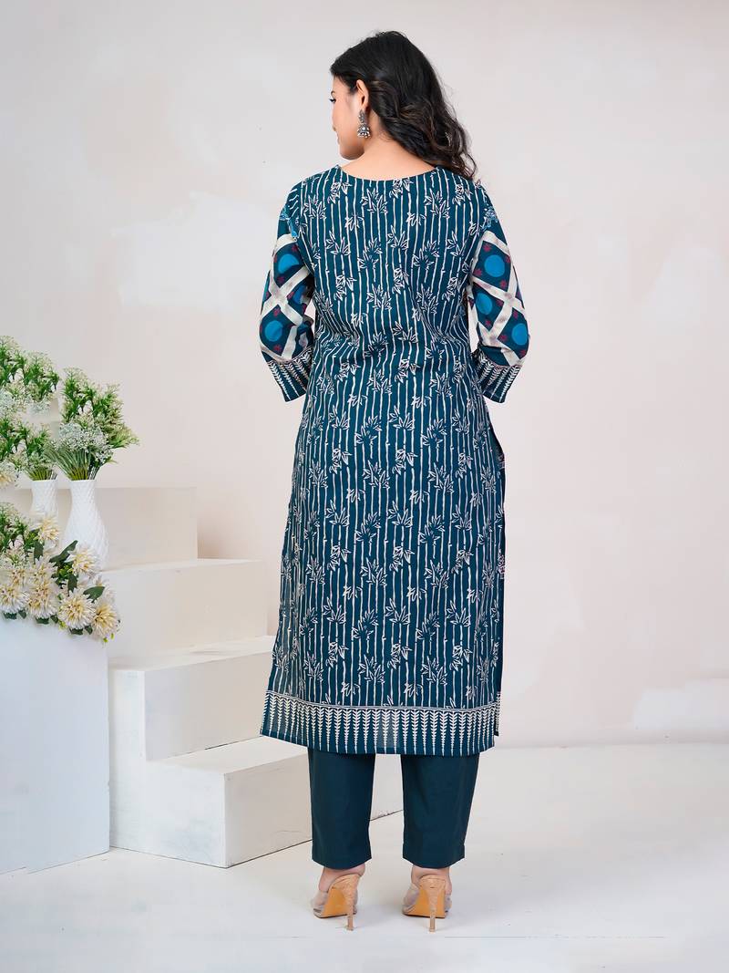 Blue printed straight kurta trousers with dupatta set