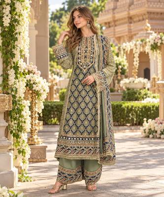 Pista crepe readymade suit with embroidery & aari work 1