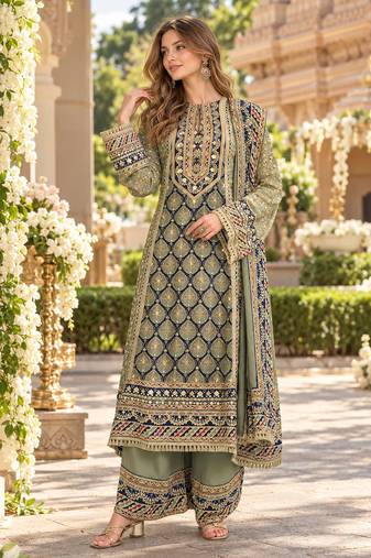 Pista crepe readymade suit with embroidery & aari work