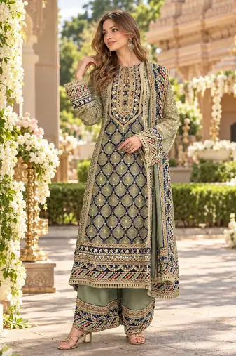 Pista crepe readymade suit with embroidery & aari work