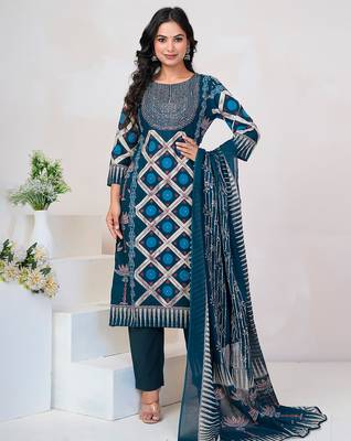Blue printed straight kurta trousers with dupatta set 3