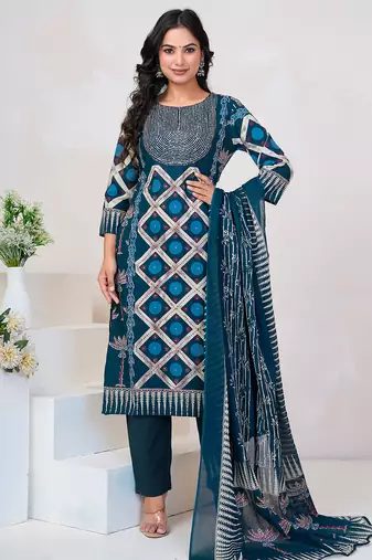 Blue printed straight kurta trousers with dupatta set