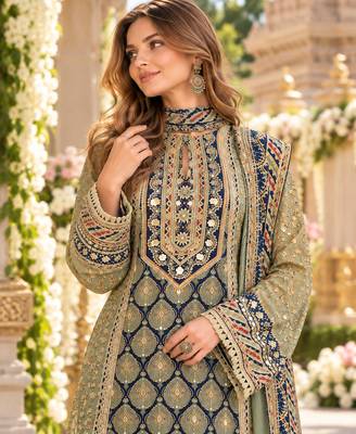 Pista crepe readymade suit with embroidery & aari work 2