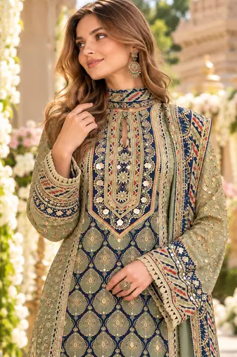 Pista crepe readymade suit with embroidery & aari work