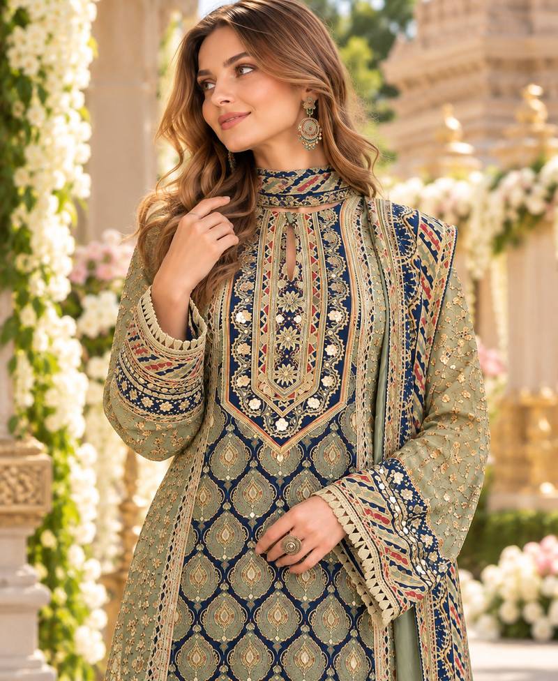 Pista crepe readymade suit with embroidery & aari work