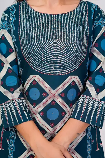 Blue printed straight kurta trousers with dupatta set