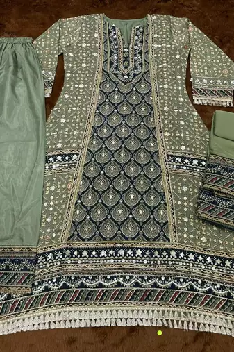 Pista crepe readymade suit with embroidery & aari work