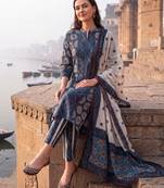 Blue printed straight kurta trousers with dupatta set