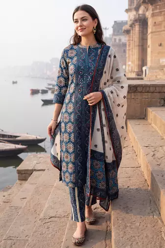 Blue printed straight kurta trousers with dupatta set