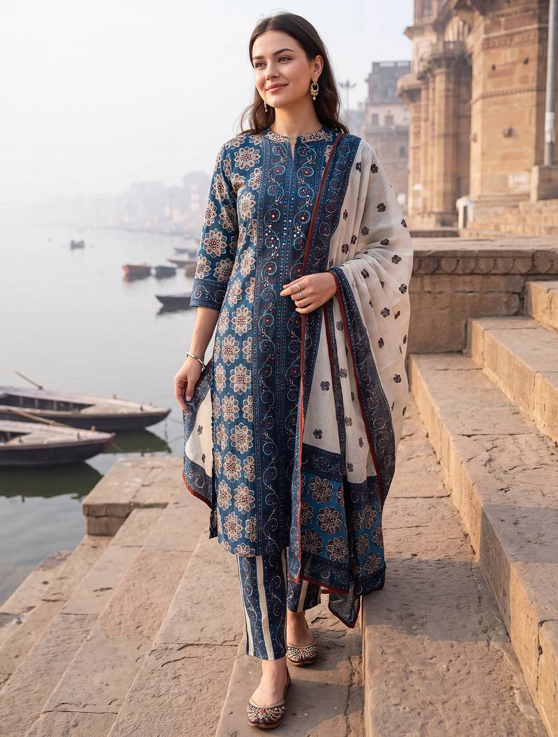 Blue printed straight kurta trousers with dupatta set
