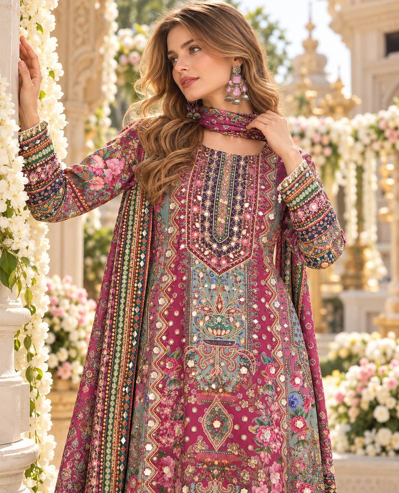 Purple crepe readymade suit with embroidery & aari work