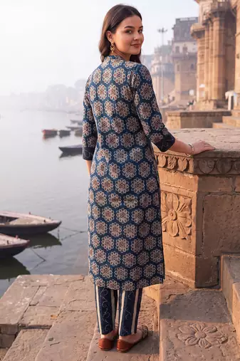 Blue printed straight kurta trousers with dupatta set