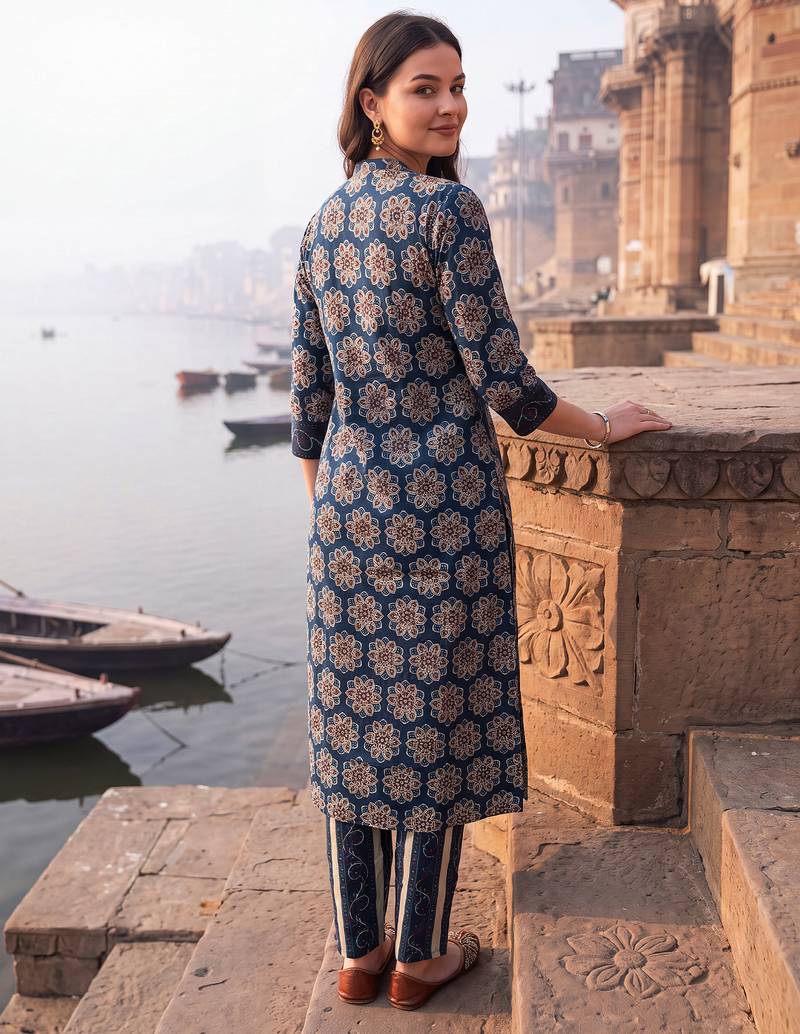 Blue printed straight kurta trousers with dupatta set
