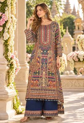 Navy crepe readymade suit with embroidery & aari work 1