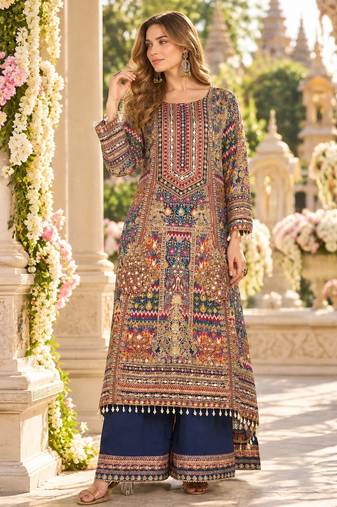 Navy crepe readymade suit with embroidery & aari work