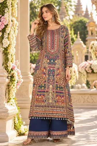 Navy crepe readymade suit with embroidery & aari work