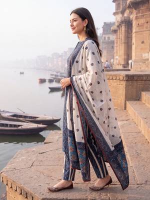 Blue printed straight kurta trousers with dupatta set 4