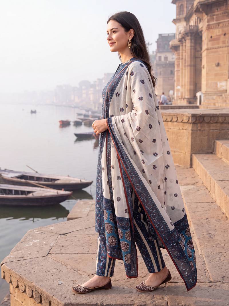 Blue printed straight kurta trousers with dupatta set